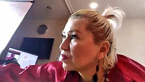 mature slut wife in red satin negligee with ponytail sucking big dick