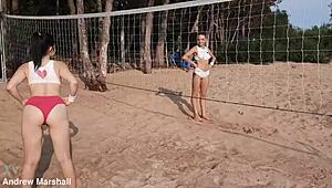 Intense beach orgy with young teens and shaved pussies