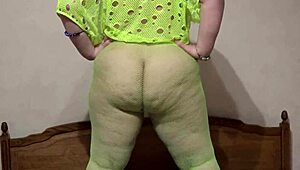 bbw with a big ass in pantyhose fucks with big dildos on the bed and cums amateur chubby milf pawg