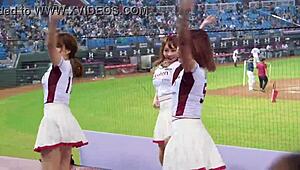 Cheerleaders dancing for baseball game