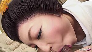 traditional japanese mature talks to suck clients cock and swallow