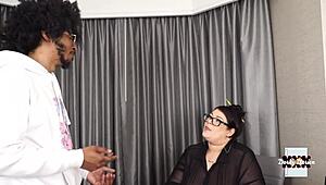 perverted librarian with big tits worships big black cock gets facial