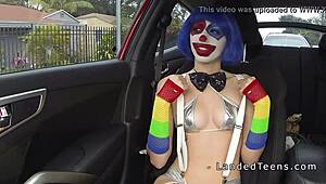 teen in clown costume banging outdoor to cumshot