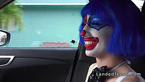 teen in clown costume banging outdoor to cumshot