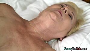 Hairy granny masturbates then rides cock