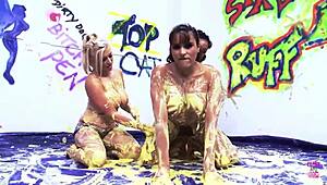 three sets of huge fake tits are getting down and having some lesbian fun