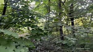 a random guy gives his big cock for risky outdoor blowjob in public forest, ending with cum