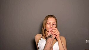 Blonde teen in lingerie teases, gets lubed, then sucks cock outdoors