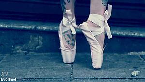 Ballerina struts down the street in ballet shoes, barefoot and dancing. 💃