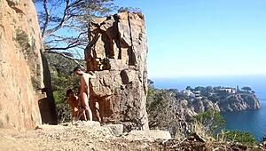 Hot amateur couple having outdoor sex on a path