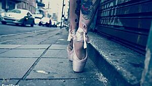 Ballerina struts down the street in ballet shoes, barefoot and dancing. 💃