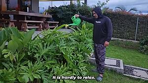 the sexy gardener makes his big-breasted brunette boss satisfied