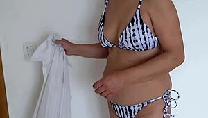 Recording Stepmother's Daily Bikini Routine on the Beach