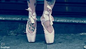 Ballerina struts down the street in ballet shoes, barefoot and dancing. 💃