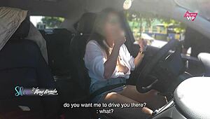 Thay Ksada, Hot Latina Wife, Shows Off Big Tits in Car to Stranger, Lets Him Touch with English Subs