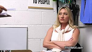 blonde cougar having fun with the officer's big dick right on the desk