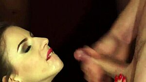 Kinky beauty gets cum load on her face gulping all the charge