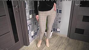 Office worker displays tight ass in super tight trousers at work