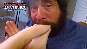 skinny hot brunette olyssia gets fingered and gives a sticky footjob