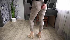 Office worker displays tight ass in super tight trousers at work