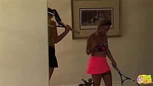 Another hot lesbian couple feels intense pleasure and joy in sexy fun after tennis