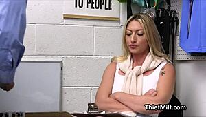 blonde cougar having fun with the officer's big dick right on the desk