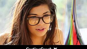 Teen with glasses auditions for porn on the casting couch
