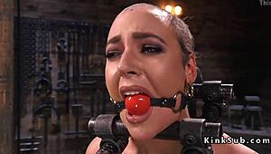 Trimmed head slave rides sybian in bdsm bondage.
