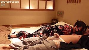 Hey, her kimono-clad girlfriend rides cowgirl, cumming hard with shaved pussy exposed! Big tits convulsing in POV ecstasy. 😍💦