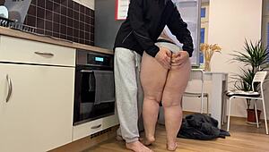bbw stepmom in panties bends over kitchen counter for son-in-laws cum on hairy ass