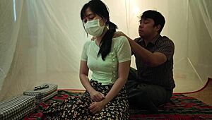 fire rages outside but this asian couple can't stop rough pussy licking and fucking