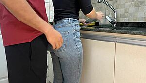 Maid receives cum on ass in jeans during kitchen free use