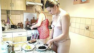 Teen virgin kisses sexy milf in kitchen