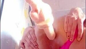 Cute trap strips and plays with her dildo until she cums with it in her ass