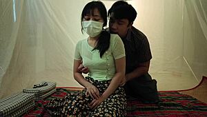 fire rages outside but this asian couple can't stop rough pussy licking and fucking