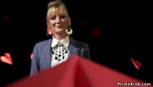 Blonde domme straps on to anal fuck and choke her bound black male slave hard!