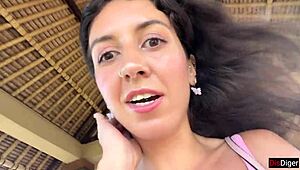 Cute girl feels excited eating burger with cum on face in public cafe