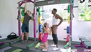 Blonde MILF Cory Chase cheats with massive black cock in steamy gym encounter