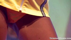 What if horny brunette rips clothes and fingers pussy on stage?