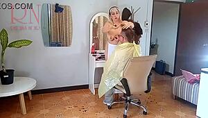 nudist barbershop voyeur catches curvy shaved pussy hairdresser stripping apron for client surprise