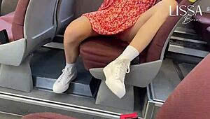 A hot latina flashes her wet panties and gropes herself on a crowded public bus.