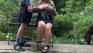 her saggy natural milf tits drip with my hot cum after outdoor handjob tease