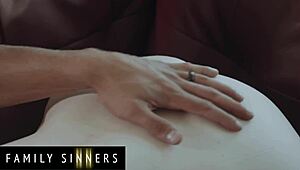 scheming brunette babe spreads shaved pussy seduces step-uncle for hard sofa fuck