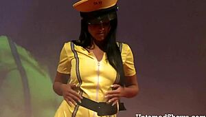 What if horny brunette rips clothes and fingers pussy on stage?