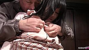 Old ugly fat guys get Japanese virgin teen sucking first cock