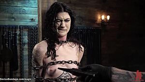 Bound chained slut gagging whipped in bizarre BDSM pain fest!