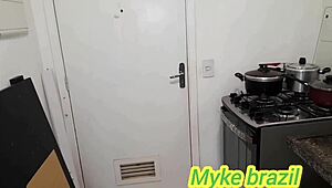 Boss pounds hot maid Anazinha's ass doggystyle. She begs for cum straight in her mouth thru red sheer