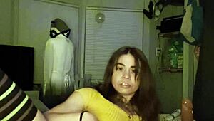 Petite Brunette in Stockings Rams Huge Dildo Deep into Shaved Pussy