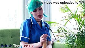 i love how my blue haired alternative nurse uniform hugs my big natural tits while i stroke your cock