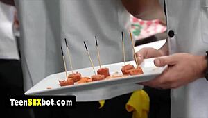 What if cute blonde waitress got bent over by whole staff in reality gangbang?